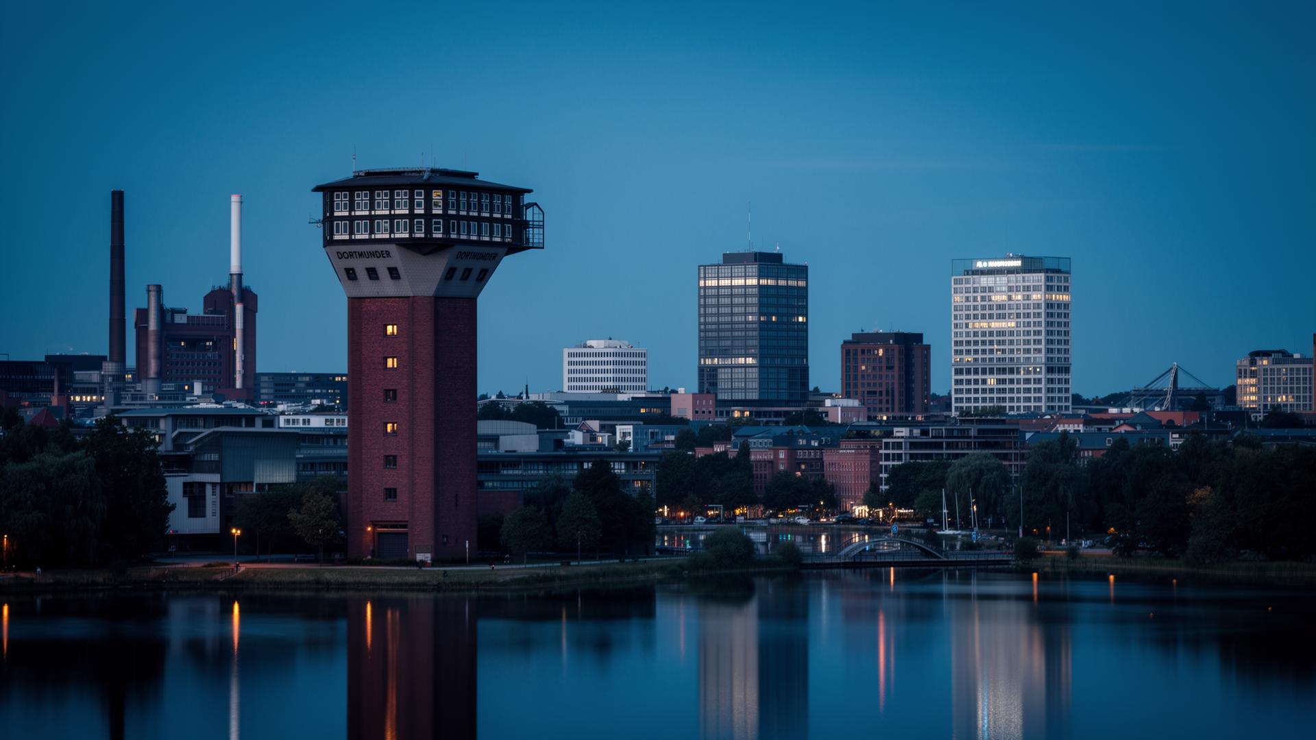 Dortmunder U und Phoenix-See zur blauen Stunde.