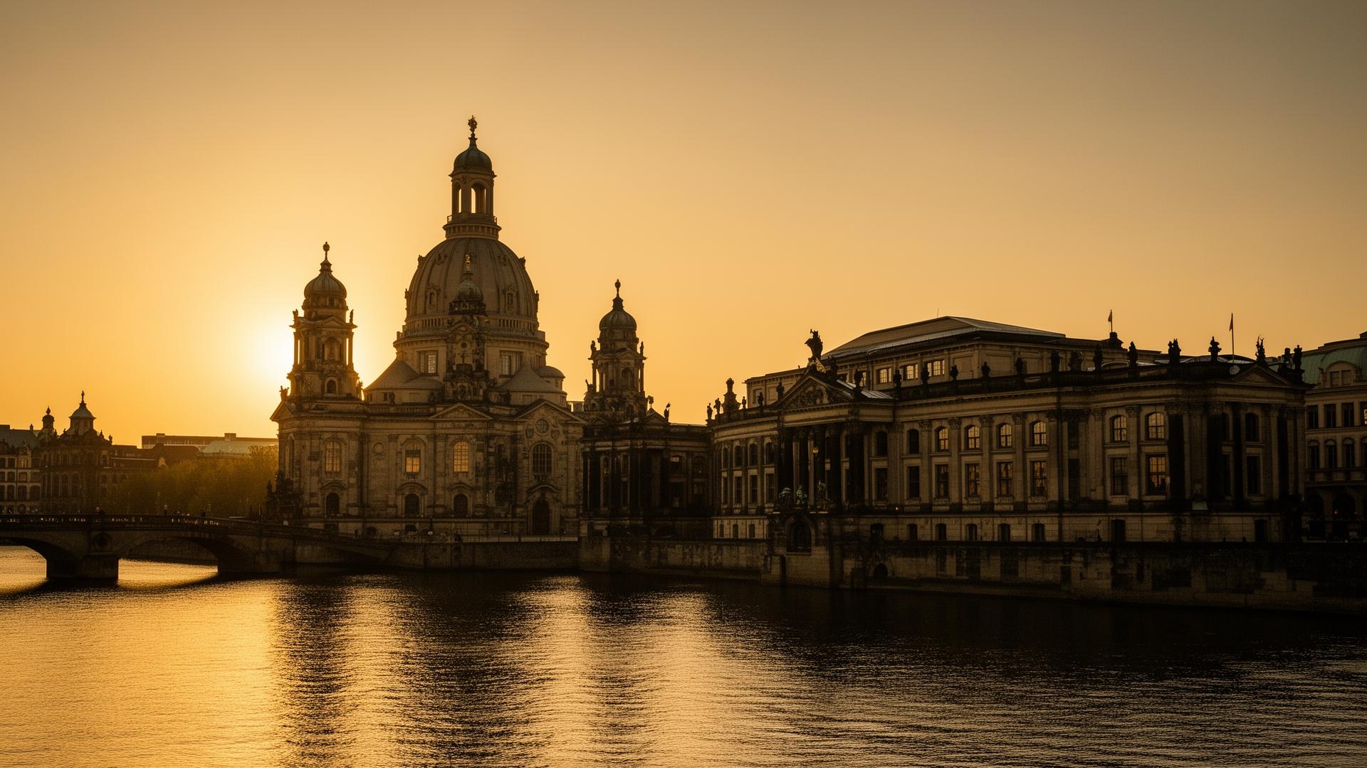 Frauenkirche und Brühlsche Terrasse im Abendlicht.