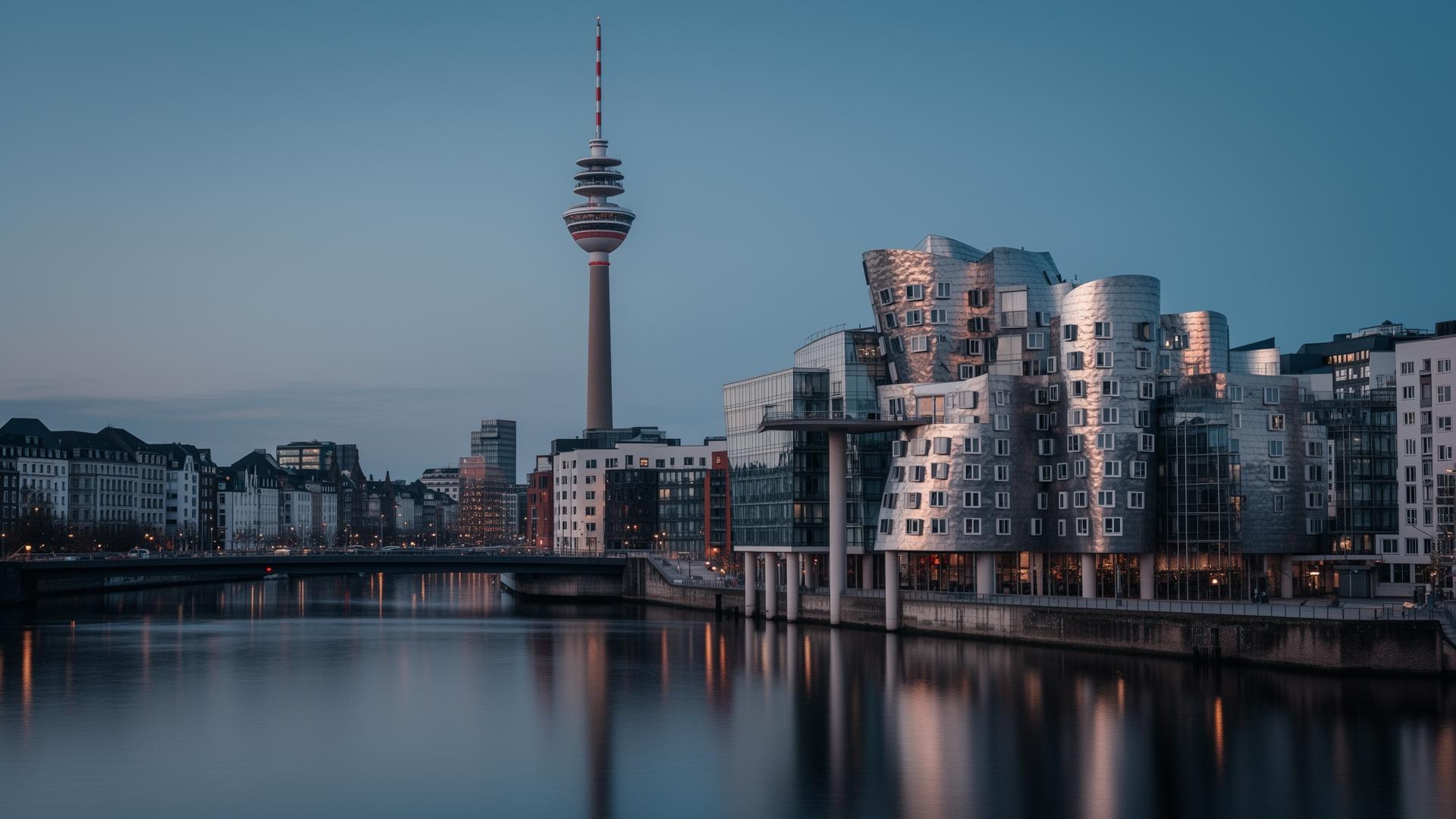 Medienhafen, Gehry-Bauten, Rheinturm.