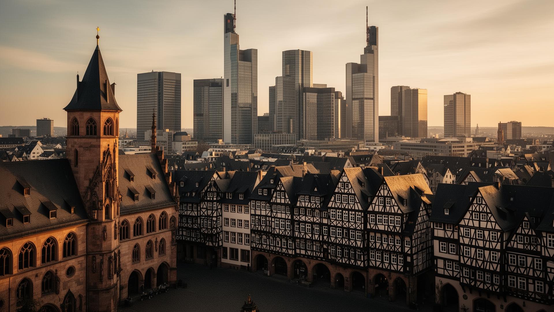 Römerberg-Fachwerk vor der Bankenskyline.