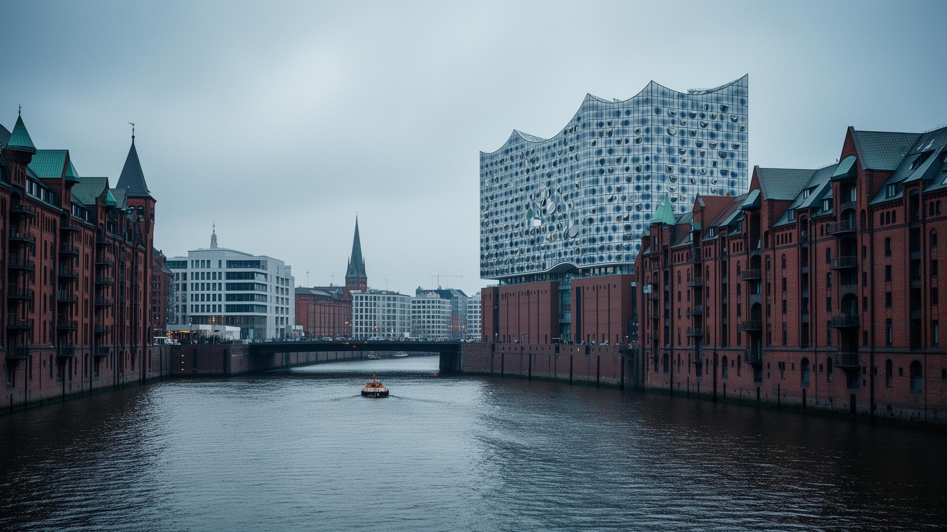 Speicherstadt, HafenCity, Elbphilharmonie über der Elbe.
