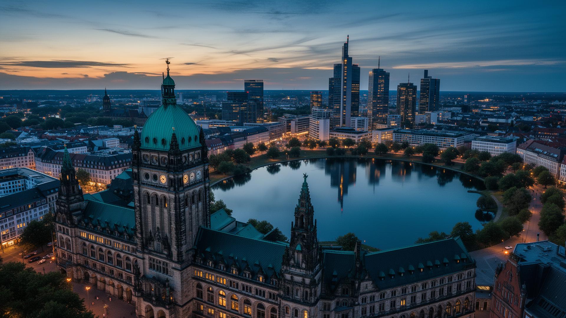 Neues Rathaus mit grüner Kuppel am Maschsee.