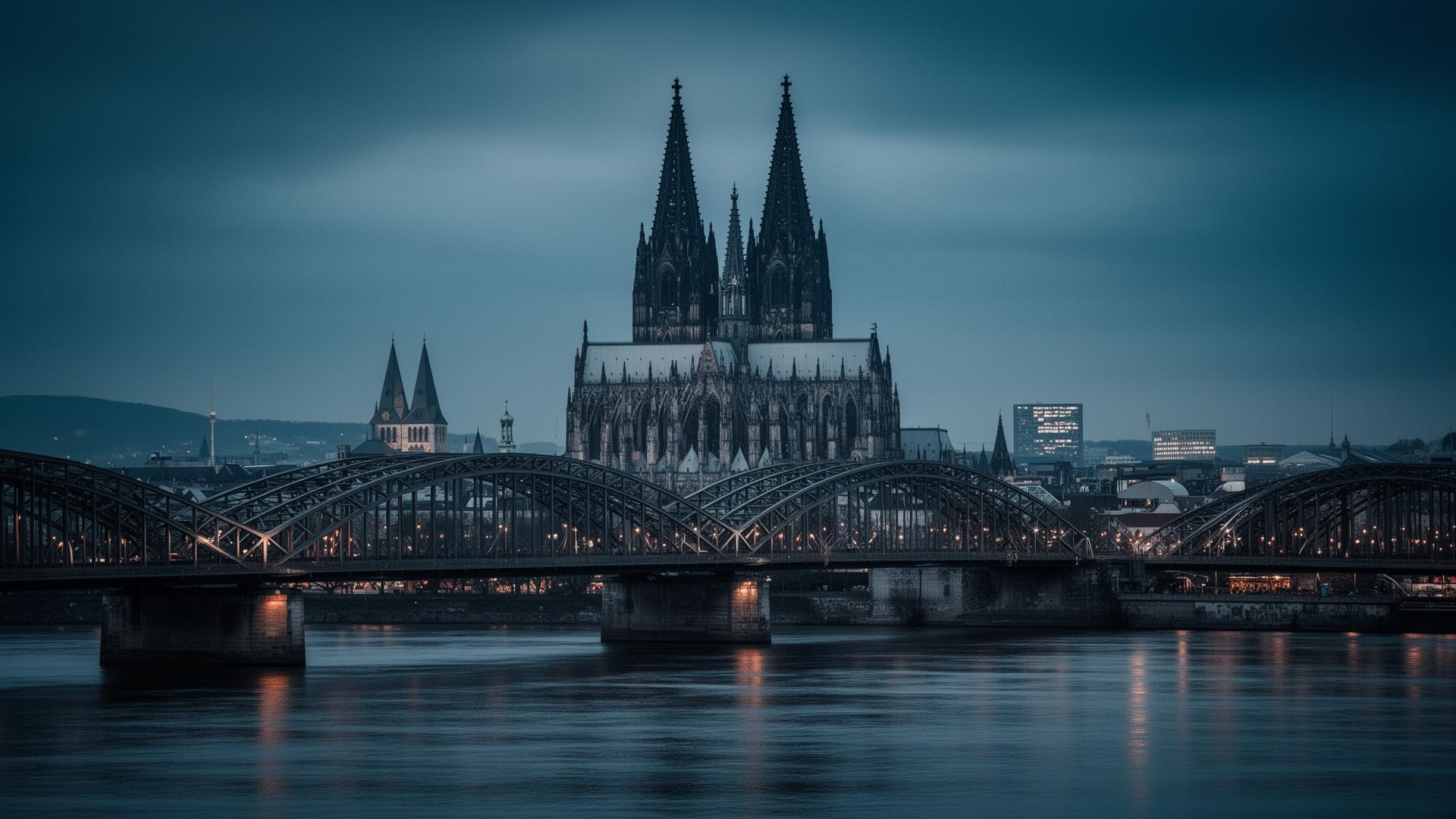 Dom, Hohenzollernbrücke, Rhein zur blauen Stunde.