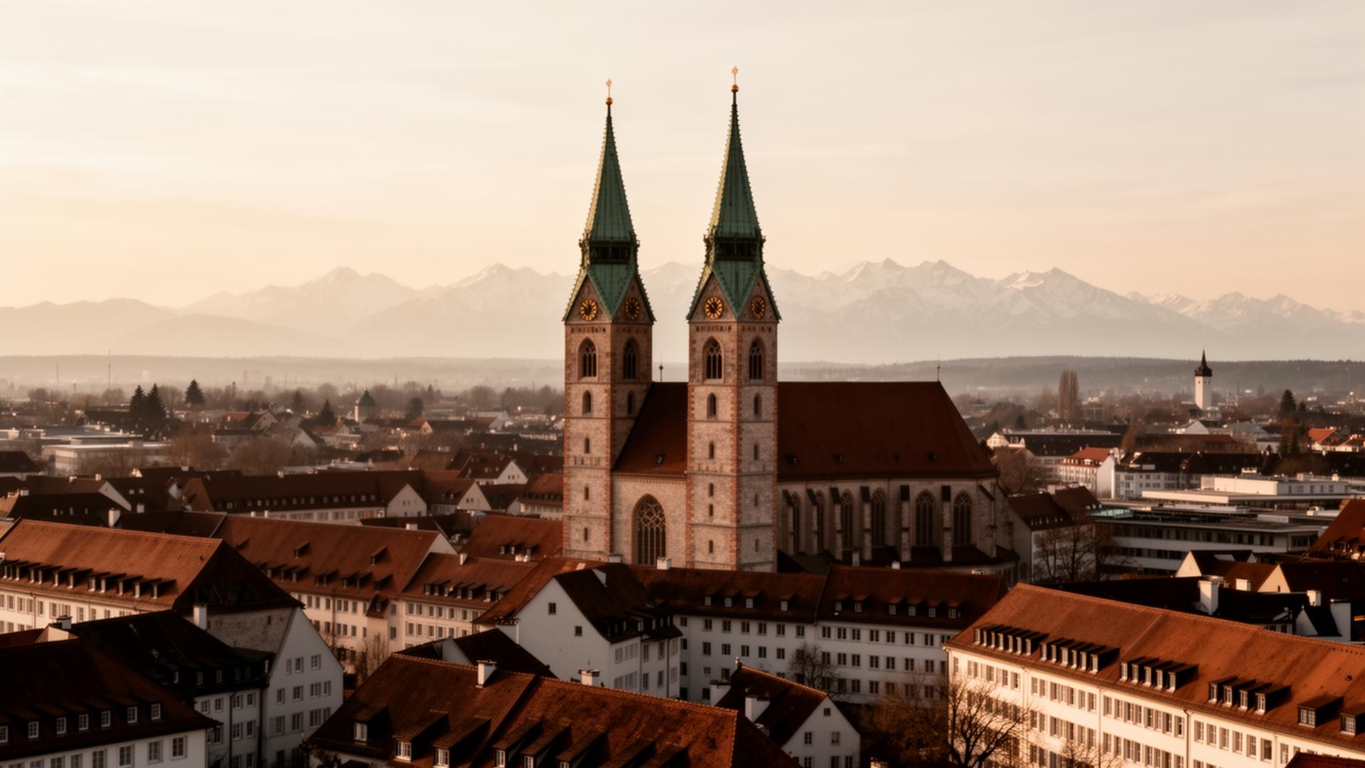 Frauenkirche, Altstadtdächer, Alpen am Horizont.
